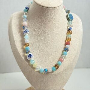 Cottagecore Floral-Inspired Beaded Necklace (Blue & Pink)